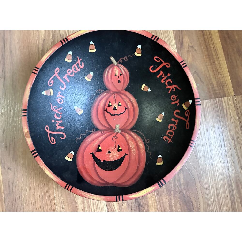 Wooden Halloween Pumpkin Large Decorative Bowl